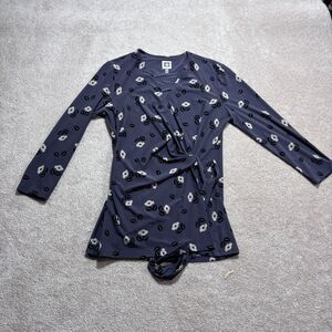Anne Klein Wrap Top Floral Print Blue Background, Size M